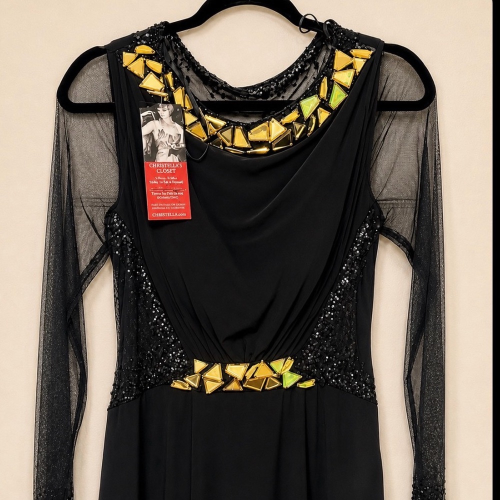Vintage Black Gold Beaded Formal Gown Mesh Sleeve Dress Sz 10”